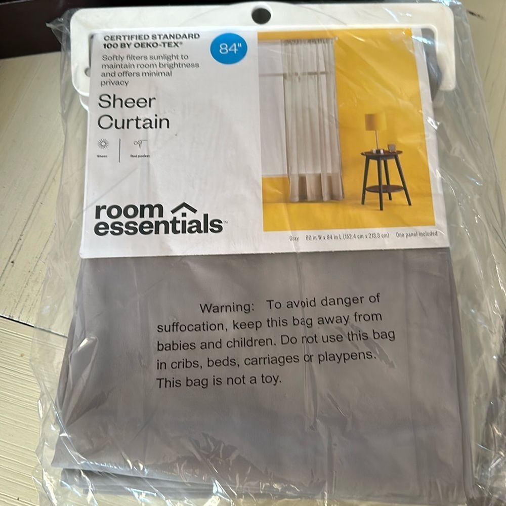 New Sheer Gray Curtain Pair 60” W x 84” L Room Essentials Rod Pocket
